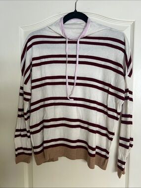 Lou & Grey White Striped Crewneck Sweater with Burgundy and Tan Accents